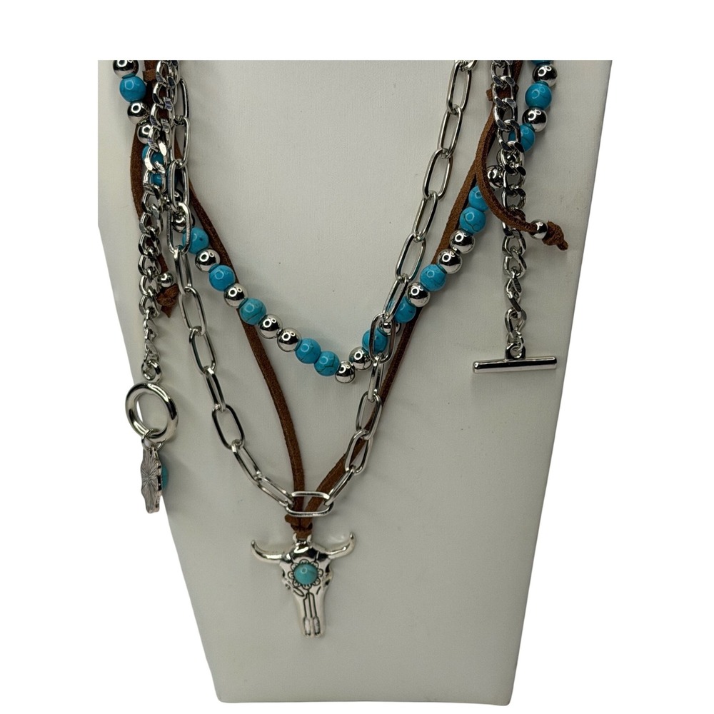 Western‎ Steer Skull Turquoise Layered Necklace and Concho Drop Earring Set Boho